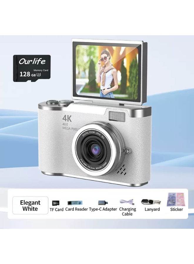إيغوروف كاميرا رقمية بدقة 4K (مزودة ببطاقة ذاكرة سعة 128 جيجابايت)، كاميرا CCD بتصميم كلاسيكي، مناسبة لتصوير الرحلات للطلاب، كاميرا رقمية محمولة عالية الدقة بدقة 48 ميجابكسل، كاميرا ذات شاشة قابلة للانعكاس بزاوية 180 درجة لالتقاط صور السيلفي، كاميرا جيب محمولة [أبيض] - Image 1