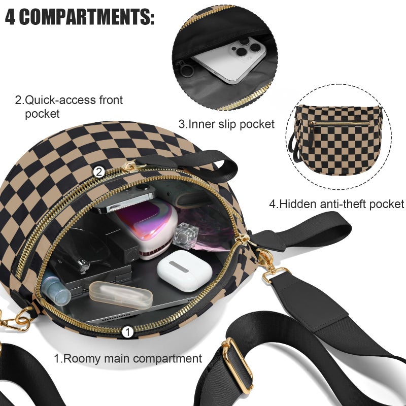 NEWROGENG Checkered Crossbody Bags for Women, Large Nylon Bum Bags Plus Size Fanny Pack Sling Bag Belt Bag for Women Travel, Khaki Black Checkered - Image 5
