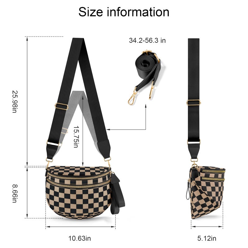 NEWROGENG Checkered Crossbody Bags for Women, Large Nylon Bum Bags Plus Size Fanny Pack Sling Bag Belt Bag for Women Travel, Khaki Black Checkered - Image 4