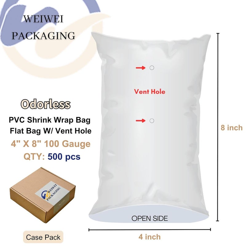 WEIWEI PACKAGING Store Weiwei - 500PCS 4 X 8 inch Odorless PVC Heat Shrink Wrap Bags 100 Gauge with Vent Hole - Image 2