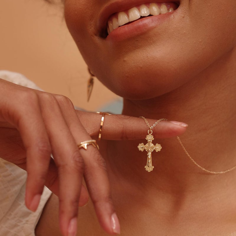 Fettero Crucifix Necklace Gold Faith Cross Pendant Vintage 14K Gold Plated Dainty Chain Minimalist Simple God Lords Prayer Religious Jewelry - Image 2