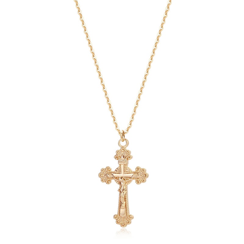 Fettero Crucifix Necklace Gold Faith Cross Pendant Vintage 14K Gold Plated Dainty Chain Minimalist Simple God Lords Prayer Religious Jewelry - Image 1