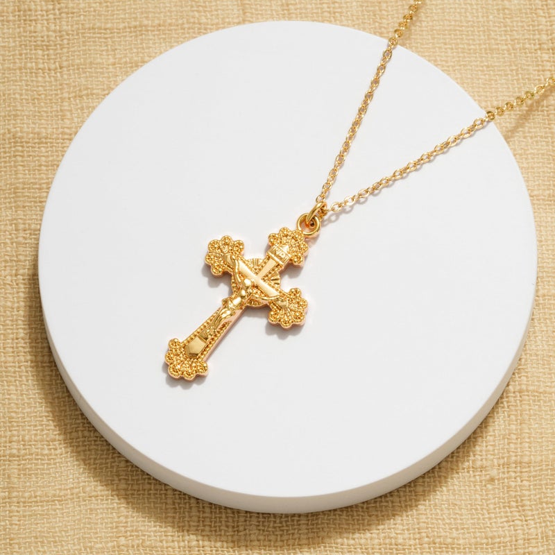 Fettero Crucifix Necklace Gold Faith Cross Pendant Vintage 14K Gold Plated Dainty Chain Minimalist Simple God Lords Prayer Religious Jewelry - Image 4