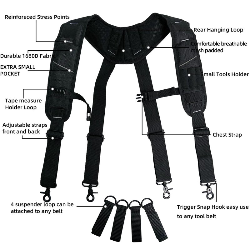KUNN Tool Belt Suspenders Padded Carpenter Construction Electrician Work Suspender with Attachment Loops for Men,Black - Image 2