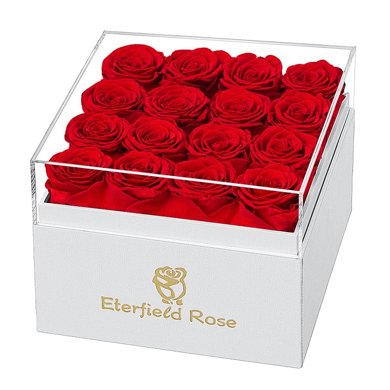 Eterfield Forever Flowers Preserved Roses Real Roses That Last Over a Year Rose Box Gifts for Her Mothers Day Valentines Day Christmas Square White Box 16 Red Roses
