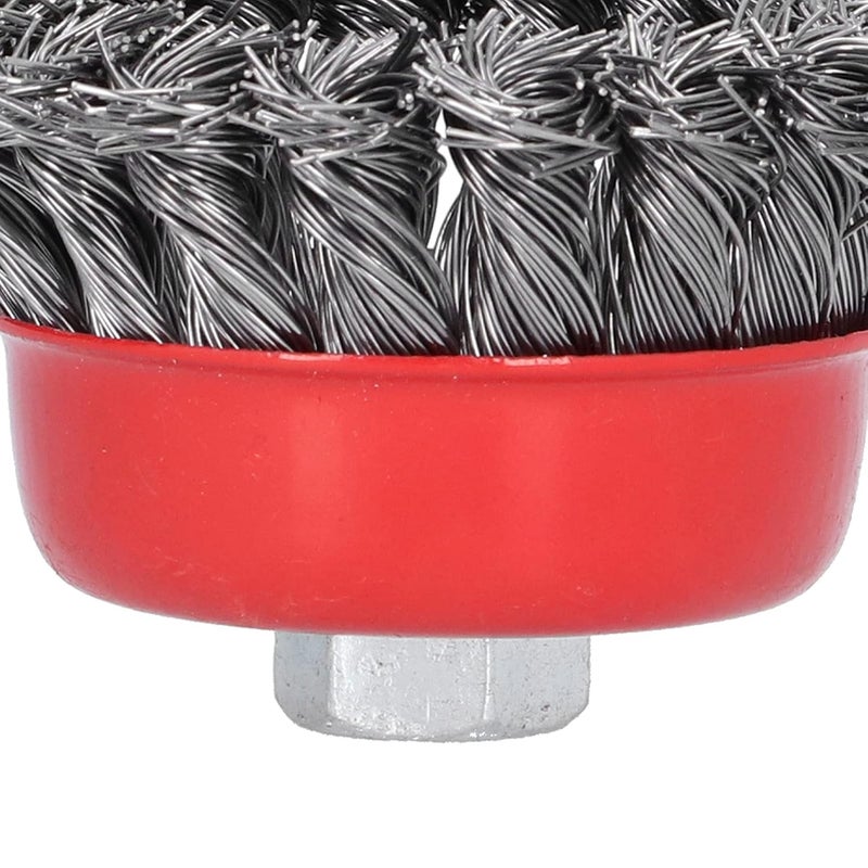 Knotted Cup Brush Wheel for Grinders Cleaning Rust Deburring 3 Inches 5pcs M14 Screw Thread Steel Red - Image 3