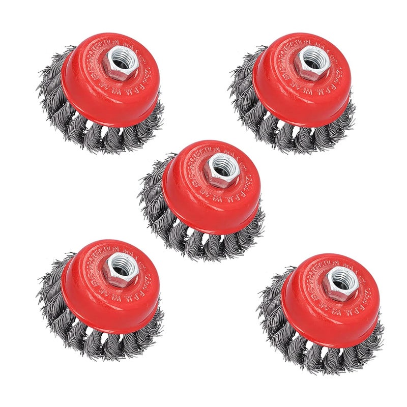 Knotted Cup Brush Wheel for Grinders Cleaning Rust Deburring 3 Inches 5pcs M14 Screw Thread Steel Red - Image 2