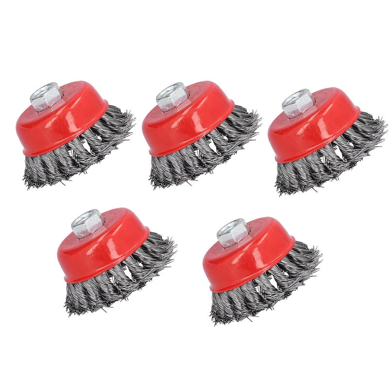 Knotted Cup Brush Wheel for Grinders Cleaning Rust Deburring 3 Inches 5pcs M14 Screw Thread Steel Red - Image 1
