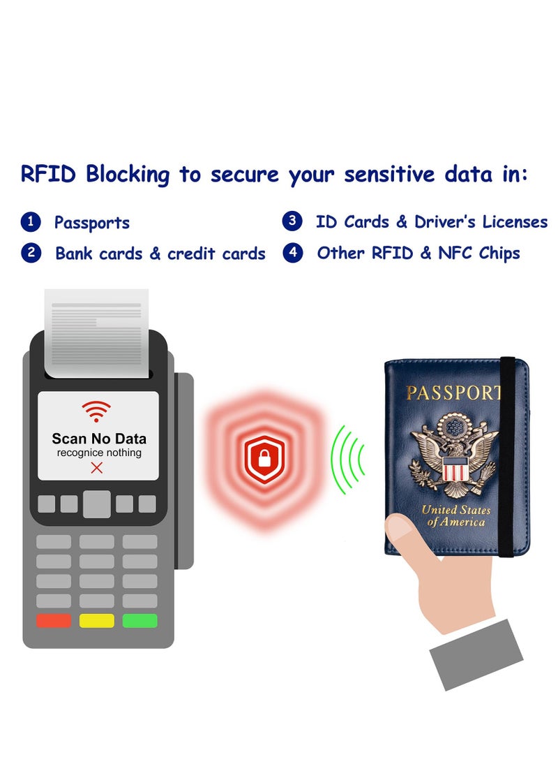 Passport Holder Cover Wallet Case Passport Cards Protector Leather Card Case Travel Accessories RFID Blocking Document Organizer (Bule)  - Image 3