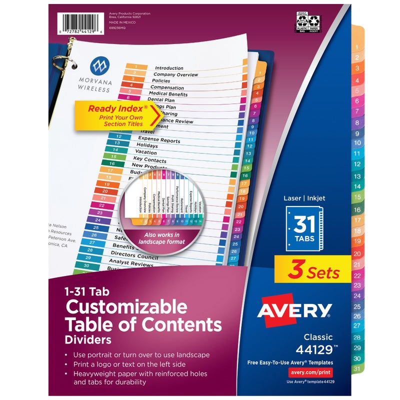 Avery 131 Dividers for 3 Ring Binders 31 Tabs per Set Customizable Table of Contents Multicolor Tabs Great for Organizing Reports Projects and More 3 Sets of 44129