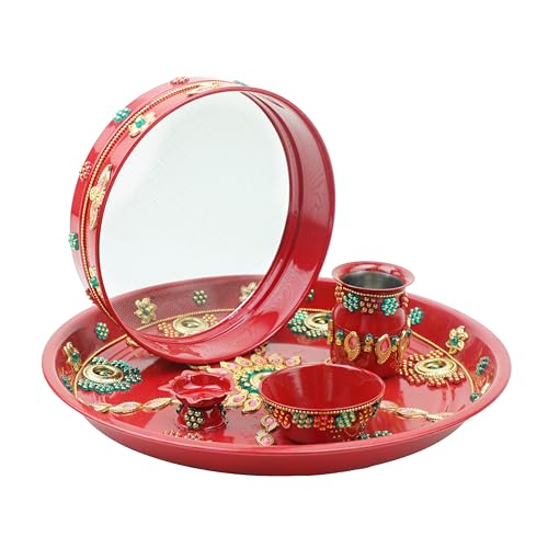 Aditri Creation Karwachauth Pooja Thali Puja Plate Decorative Steel Puja Thali with Kalash  Channi Chalani Essential Pooja Articles Ritual Wedding Indian Traditional Navratri Festival Decorations Thali Size11 - Image 1