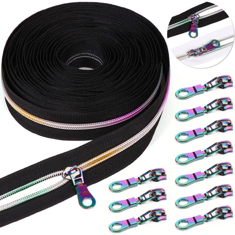 PECMER 5 Rainbow Zipper Tape by The Yard with Pulls6 Yards with 10Pcs Colorful Pulls Zippers for Sewing Assorted LengthsZippers for Bags and Purses Black Rainbow 6 Yard10 pcs