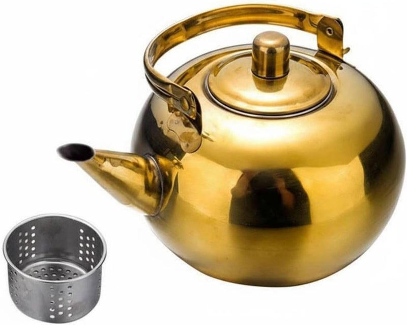 Stainless Steel Teapot Mirror Polished Teapot with Strainer Thickened Stainless Steel Tea Pot for Restaurant, Array, Gold, 16cm - Image 1