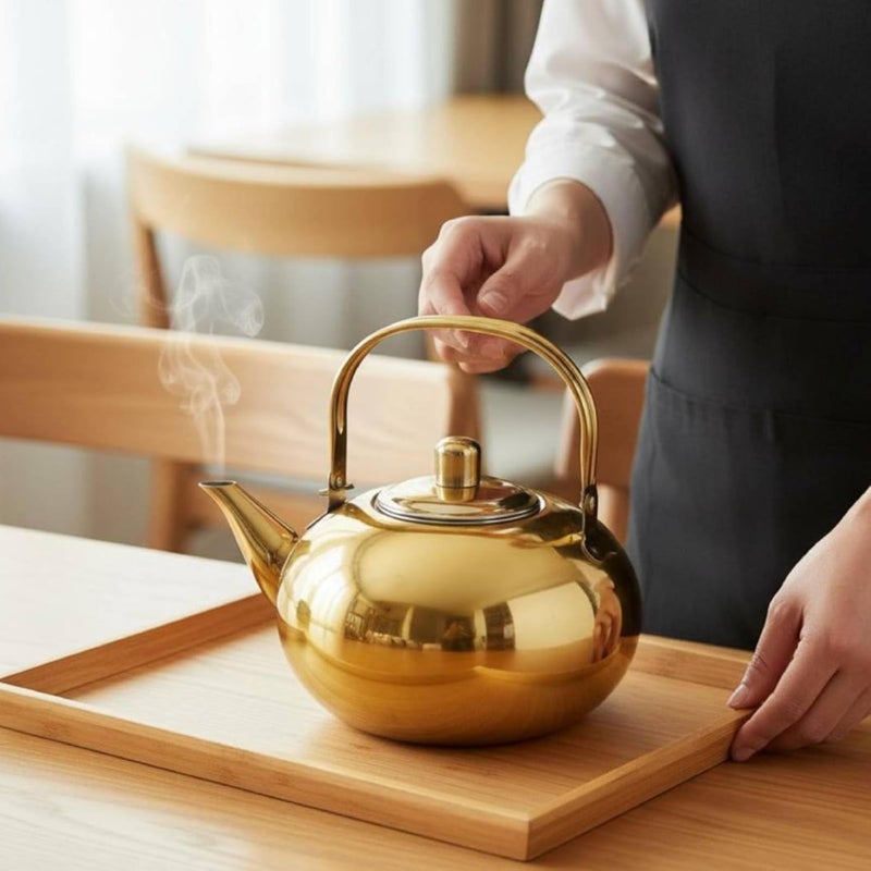 Stainless Steel Teapot Mirror Polished Teapot with Strainer Thickened Stainless Steel Tea Pot for Restaurant, Array, Gold, 16cm - Image 3
