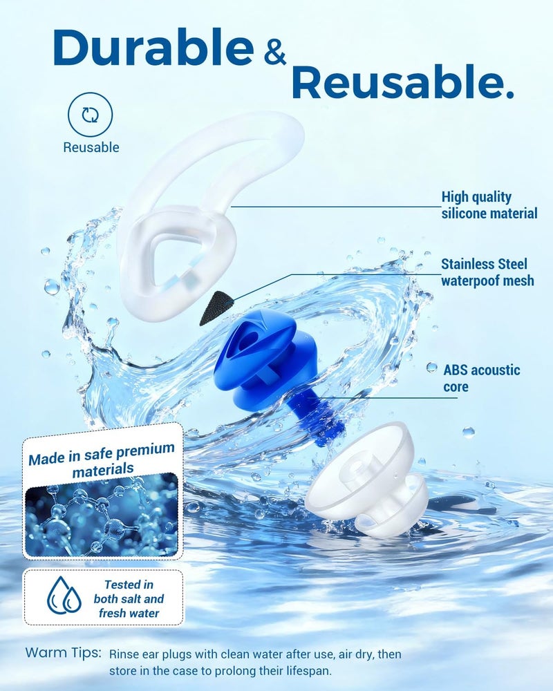Hearprotek Ear Plugs for Swimming–2 Pairs Soft Silicone Reusable Waterproof Earplugs for Adults & Men Women, Custom Fit for Swimmers Ear, Pool, Beach, Snorkeling, Surfing, Kickboard Training(Blue) - Image 5