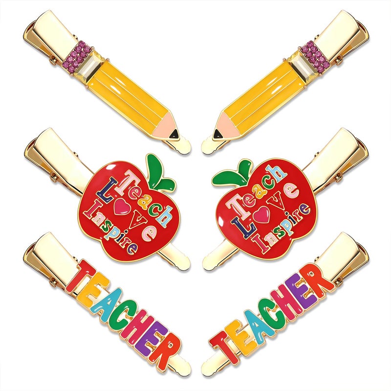 6 Pack Teacher Hair Clips in Pencil Teacher  Apple Designs  Rhinestone Embellished Hair Accessories for Back to School Teacher Appreciation Holiday Parties  More  Funny Gift for Her