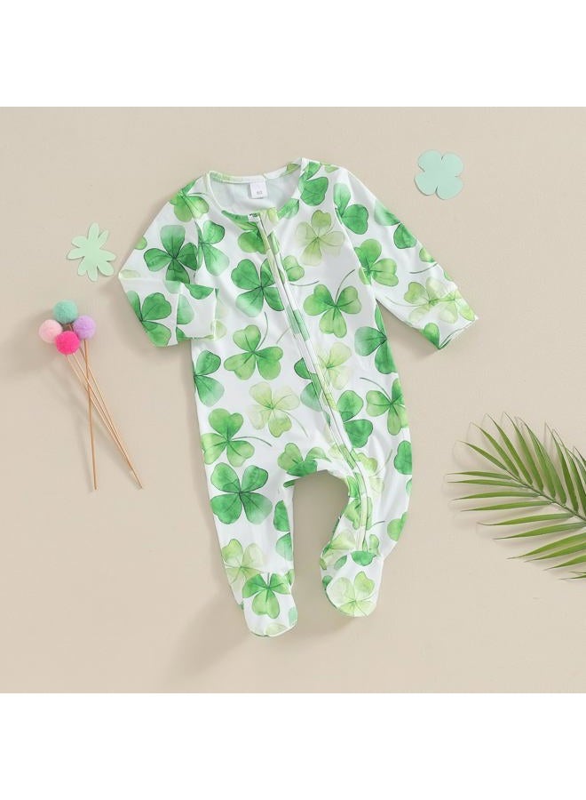 Dcohmch St Patricks Day Baby Boy Girl Outfit Jumpsuit Shamrock Print Long Sleeve Onesie Newborn Infant Spring Clothes (White, 0-3 Months) - Image 3