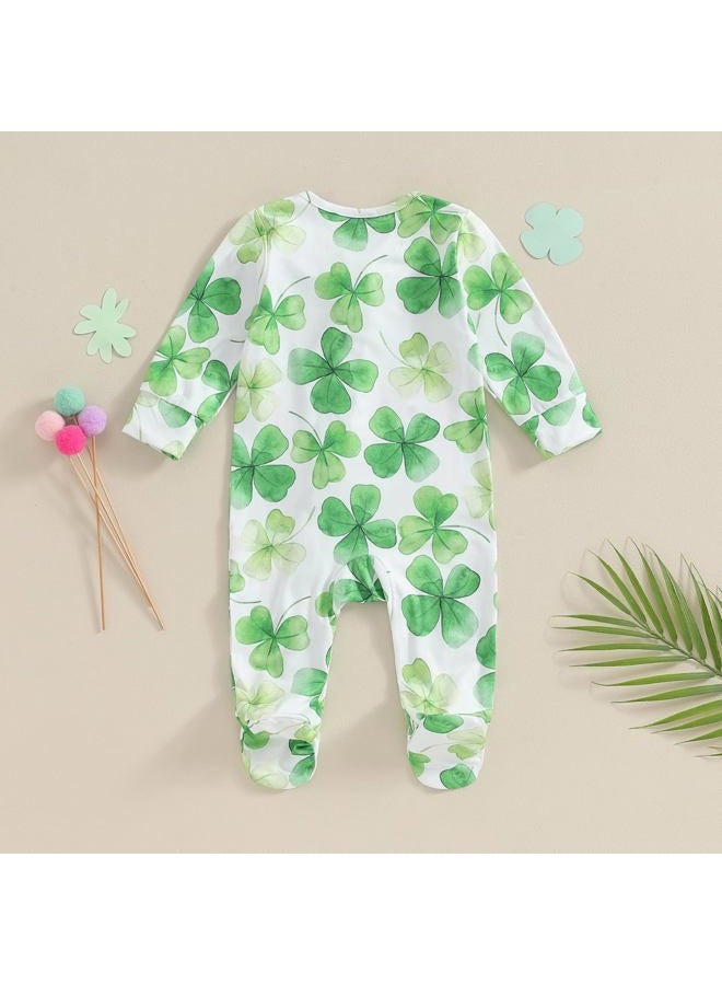 Dcohmch St Patricks Day Baby Boy Girl Outfit Jumpsuit Shamrock Print Long Sleeve Onesie Newborn Infant Spring Clothes (White, 0-3 Months) - Image 4