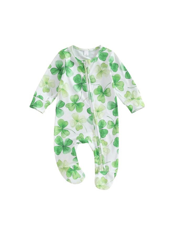 Dcohmch St Patricks Day Baby Boy Girl Outfit Jumpsuit Shamrock Print Long Sleeve Onesie Newborn Infant Spring Clothes (White, 0-3 Months) - Image 1