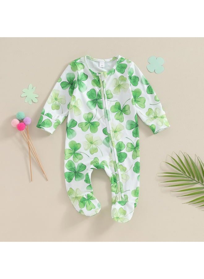 Dcohmch St Patricks Day Baby Boy Girl Outfit Jumpsuit Shamrock Print Long Sleeve Onesie Newborn Infant Spring Clothes (White, 0-3 Months) - Image 2