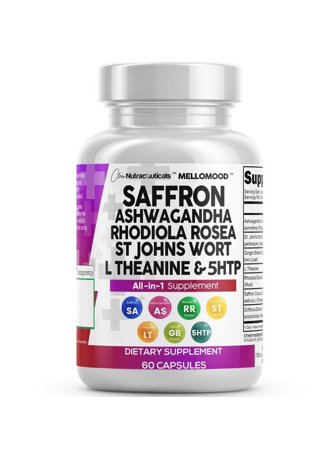 Clean Nutraceuticals Saffron Supplements with Ashwagandha - Mood Support with L-Theanine, Ginkgo Biloba, St. John's Wort, Rhodiola Rosea & 5-HTP - Saffron Pills - Image 1