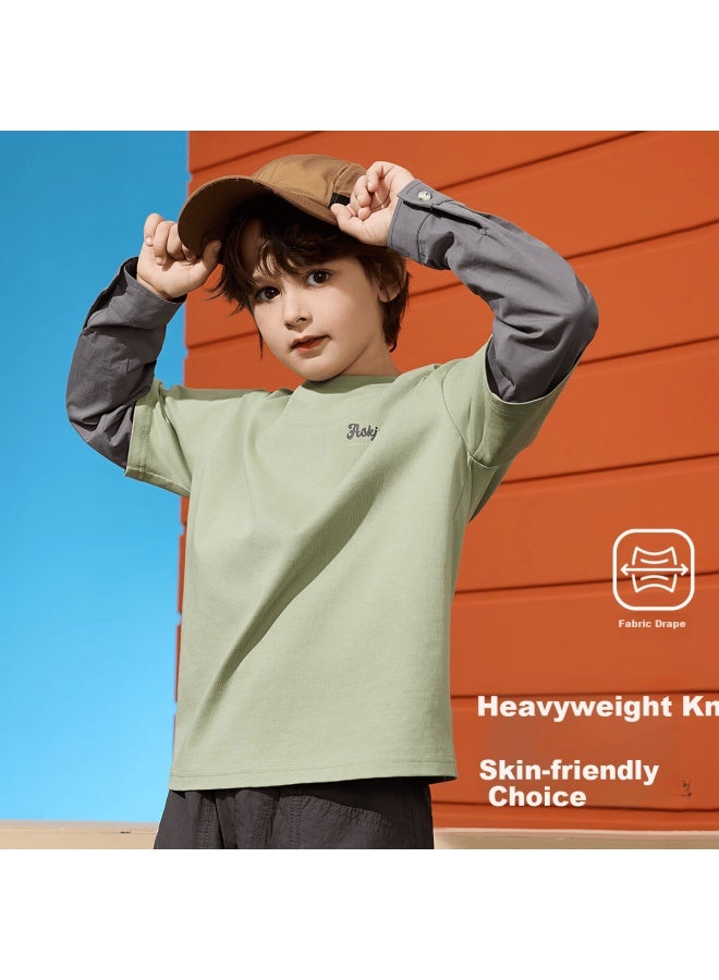 Ask Junior Kids T-shirt Spring Boys' Fake Two-piece Long Sleeve Casual Pullover Green 110 - Image 5