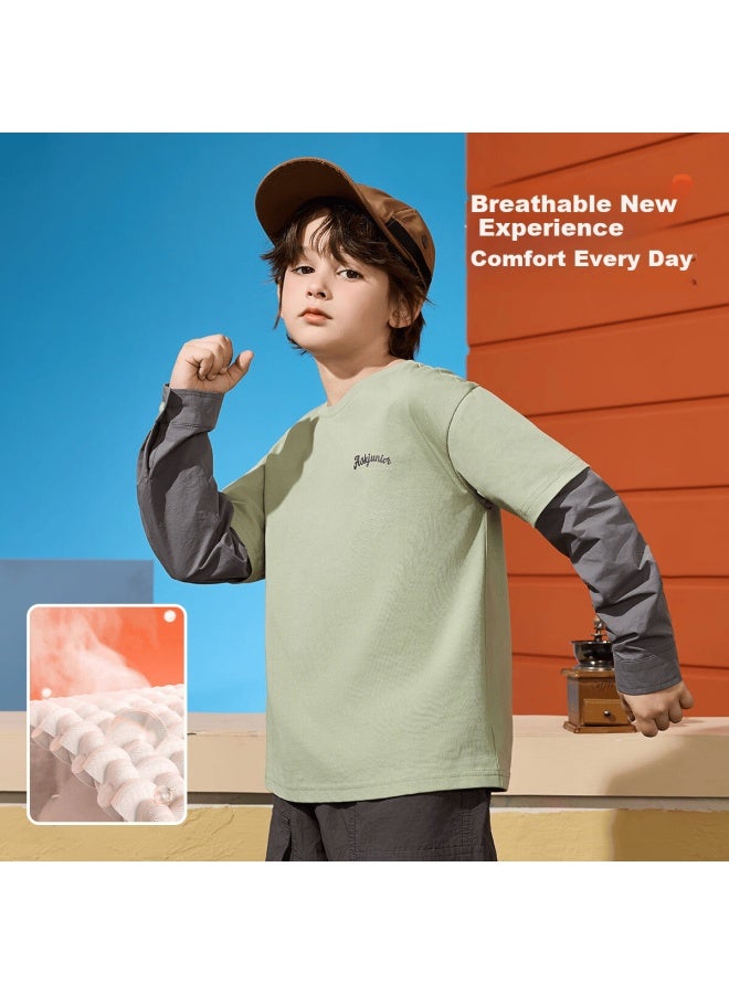 Ask Junior Kids T-shirt Spring Boys' Fake Two-piece Long Sleeve Casual Pullover Green 110 - Image 1