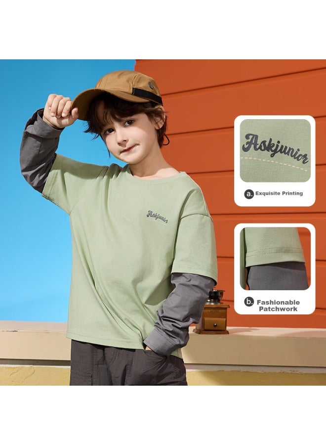 Ask Junior Kids T-shirt Spring Boys' Fake Two-piece Long Sleeve Casual Pullover Green 110 - Image 4