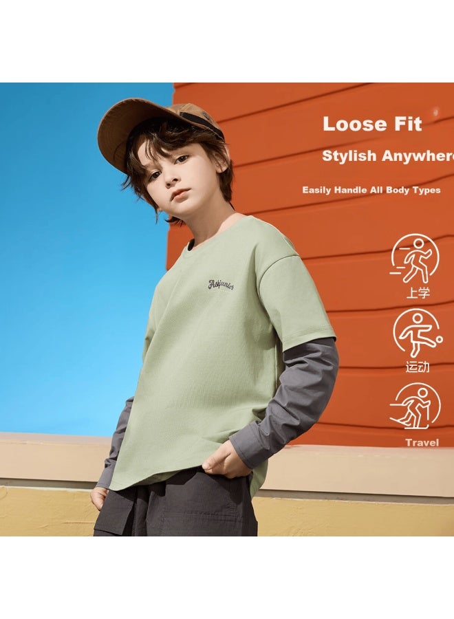 Ask Junior Kids T-shirt Spring Boys' Fake Two-piece Long Sleeve Casual Pullover Green 110 - Image 3