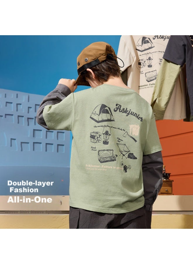 Ask Junior Kids T-shirt Spring Boys' Fake Two-piece Long Sleeve Casual Pullover Green 110 - Image 2