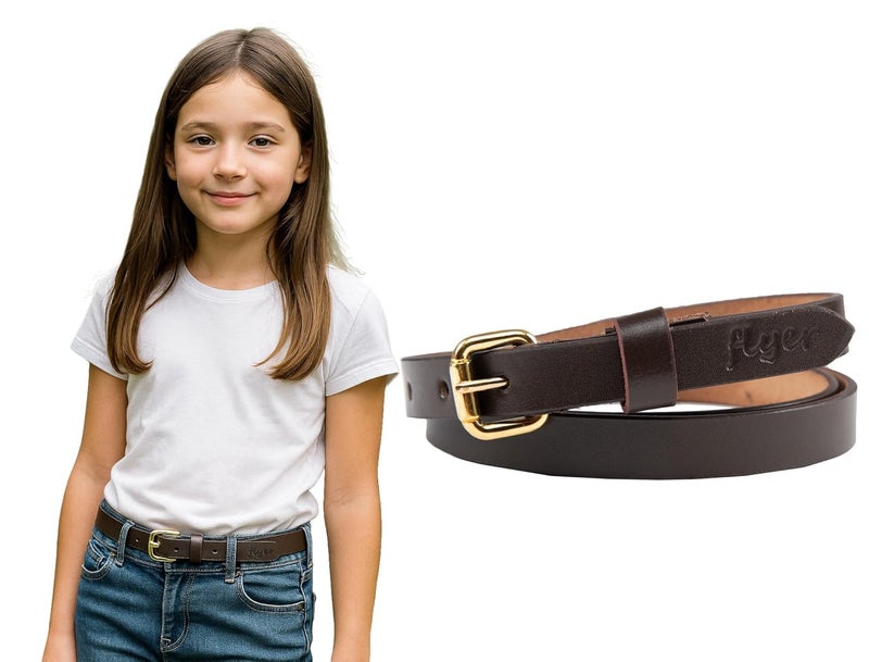 Flyer Girls Brown Leather Belt – Genuine Leather Kids Belt for Wear on Jeans, Dress, School & Party – Adjustable Stylish for Girls 2–14 Years | 2 Years Warranty BR1381 - Image 1