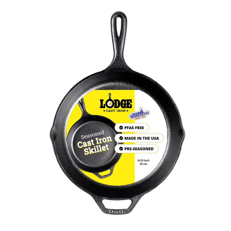 Lodge Pre-Seasoned Cast Iron Skillet for Indoor and Outdoor Use. Induction Frying Pan. Oven, Grill and Metal Utensil Safe Skillet Frying Pan with Pouring Lips. Made in the USA. 26 cm/10.25 inch - Image 1