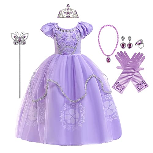 MYRISAM Girls Princess Halloween Dress Sofia Costume Deluxe Party Fancy Dress Up Outfits w/Gloves Jewelry Accessories Set 4-5T - Image 1