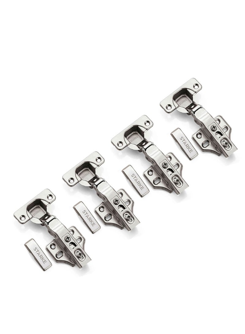 STARKE Pack of 4 Full Over Lay Soft Close Fast Mounted 1 Section Force Buffering Hinge - Silver, 105 Degree Opening Angle, 14-22 mm Application, Protective Cover & Screws included.  - Image 1