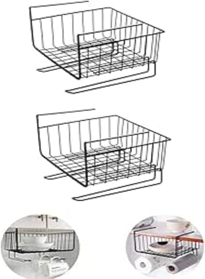 Spaceshoop 2 Pieces Under Shelf Mesh Basket, Multipurpose Storage Basket for Kitchen Pantry Organization (Black, Style 2)