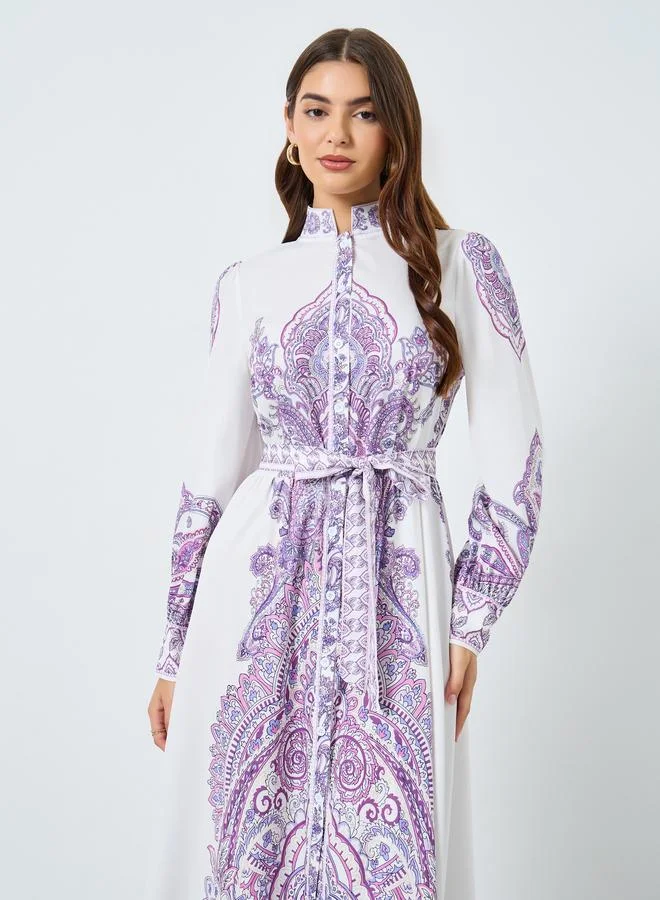 Take Two Floral Printed Stand-up Collar Belted Maxi Dress