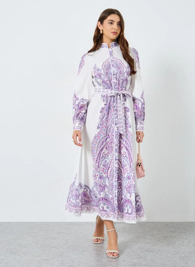 Floral Printed Stand-up Collar Belted Maxi Dress