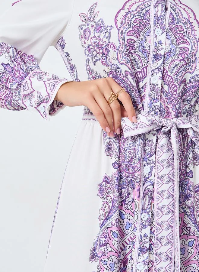 Take Two white with purple print Floral Printed Stand-up Collar Belted Maxi Dress for Women | Best Price UAE