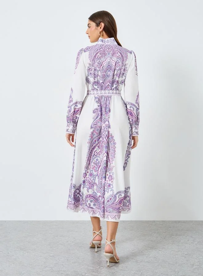 Take Two white with purple print Floral Printed Stand-up Collar Belted Maxi Dress for Women | Best Price UAE