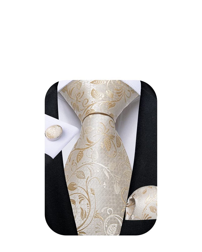 DiBanGu Champagne Gold Necktie and Pocket Square Cufflinks Champagne Floral Tie Set for Men Wedding Party - Image 1
