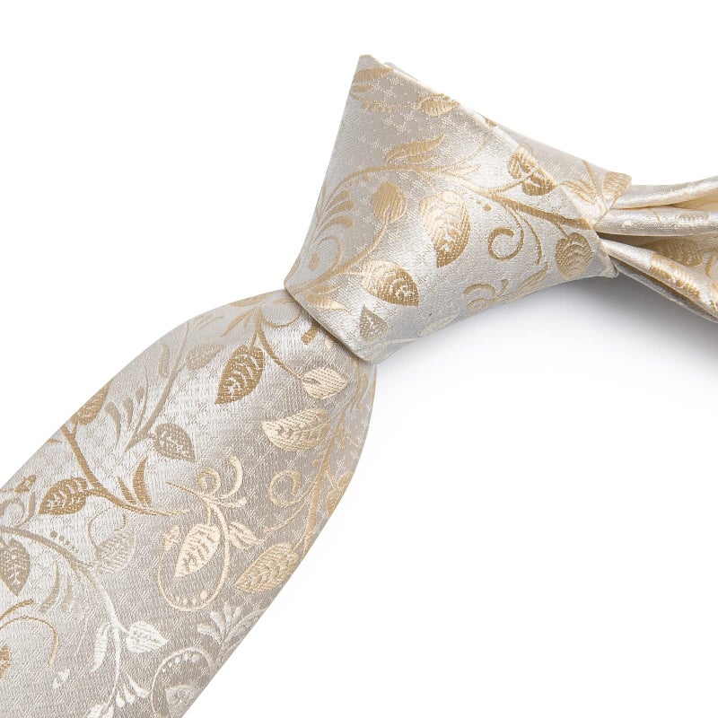 DiBanGu Champagne Gold Necktie and Pocket Square Cufflinks Champagne Floral Tie Set for Men Wedding Party - Image 4