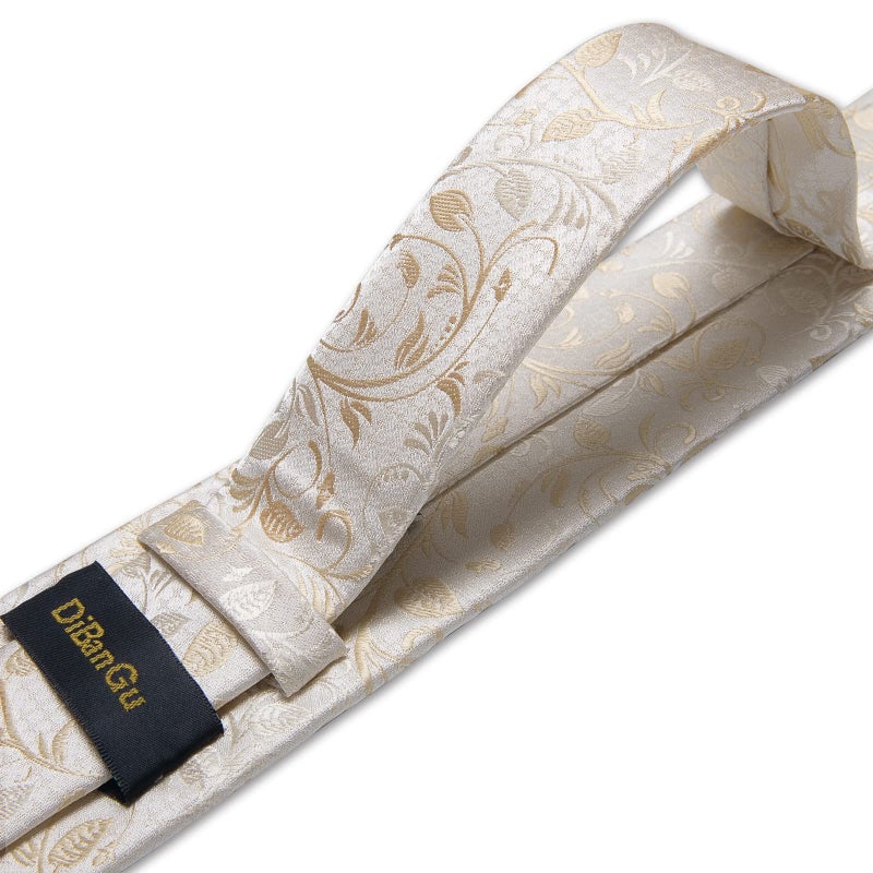 DiBanGu Champagne Gold Necktie and Pocket Square Cufflinks Champagne Floral Tie Set for Men Wedding Party - Image 5