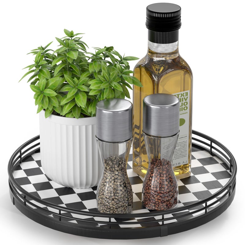 AMH Black and White Kitchen Lazy Susan Turntable - Checkered Round Decorative Tray, 10” Table Top Oak Wood Lazy Susan for Cookies, Dining Table Organizer, Small Kitchen Table Centerpiece - Image 1