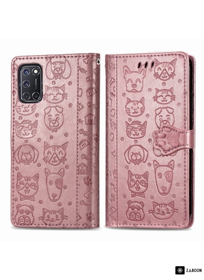 Green Tiger - For OPPO A92 / A72 / A52 Lovely Cat and Dog Embossing Pattern Horizontal Flip Leather Case , with Holder & Card Slots & Wallet & Cartoon Clasp & Lanyard(Rose Gold) - Image 1