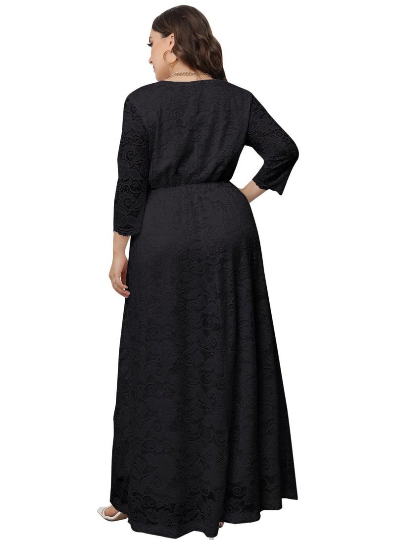 Loquat Women's Large V-Neck High Waist Lace Dress Black  - Image 3