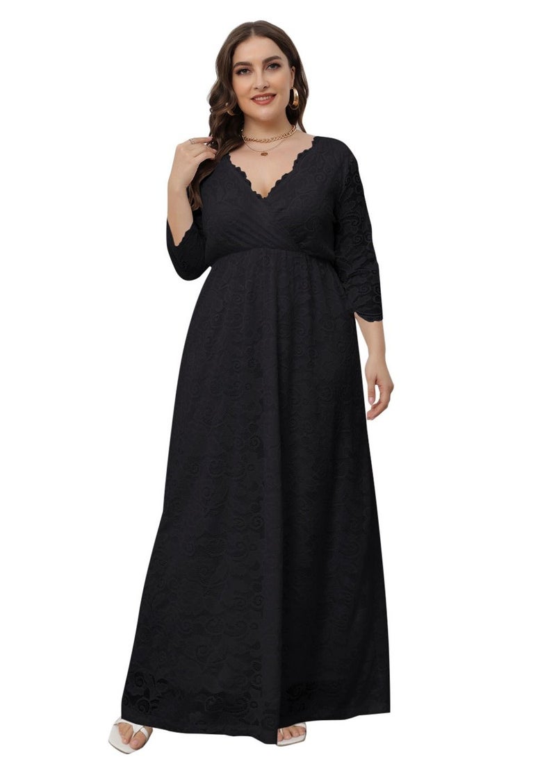 Loquat Women's Large V-Neck High Waist Lace Dress Black  - Image 1