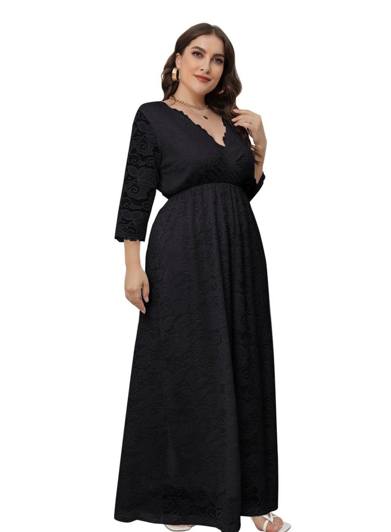 Loquat Women's Large V-Neck High Waist Lace Dress Black  - Image 2