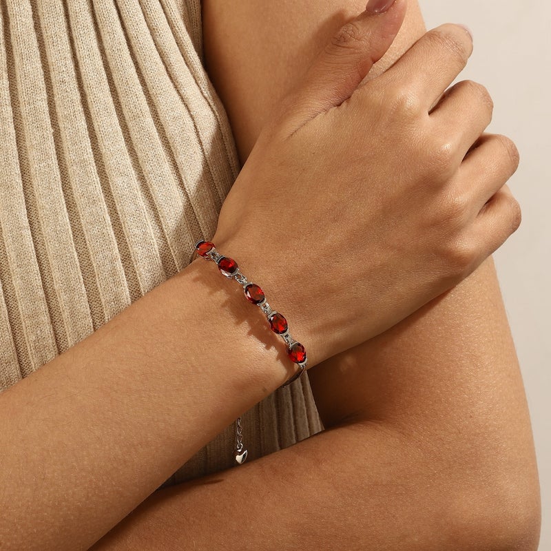 Juwaliy 18K White Gold Plated Oval Tennis Bracelets for Women,January Birthstone Bracelet Red Garnet Jewelry Birthday Valentine's Day Gifts for Wife - Image 2