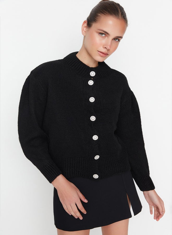 trendyol Black Soft Textured Jewel Button Knitwear Cardigan TWOAW21HI0034 - Image 5