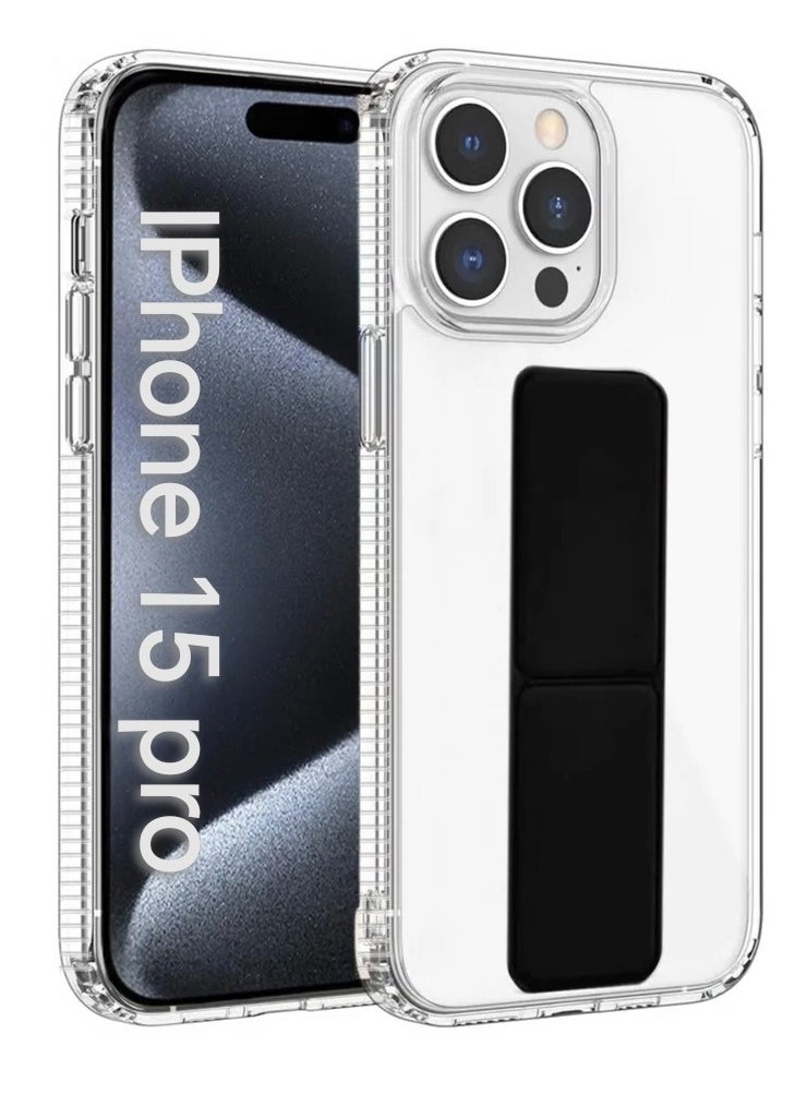 ARMOR - Case Cover For iPhone 15 Pro With Magnetic Hand Grip 3 in 1 Clear / Black - Image 1